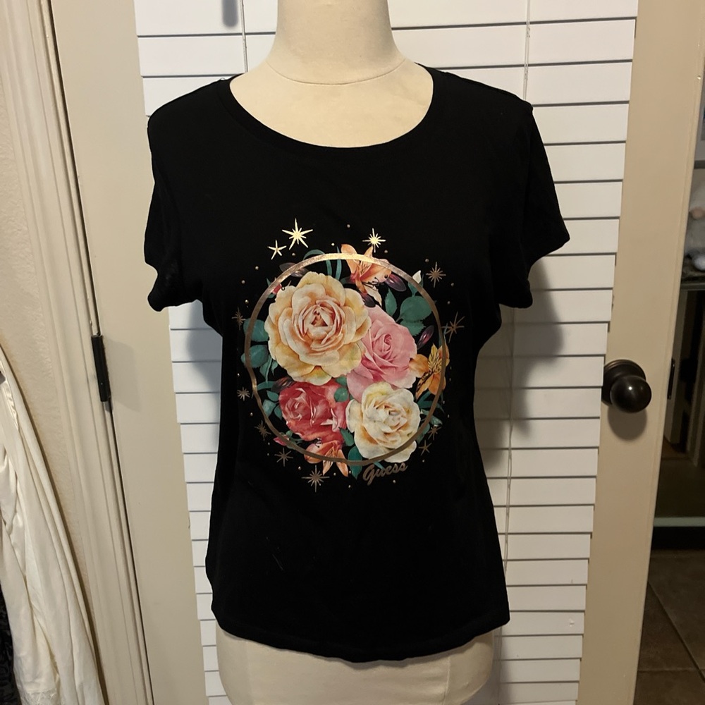 Guess Black Tee with Floral Graphic